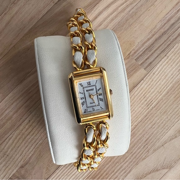 Sonnet Ladies Watch Gold Tone and White Leather Weave Bracelet White Dial - Picture 4 of 9